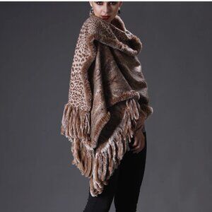 Luxury Camel Brown Cashmere Reversible Leopard Paisley Rabbit Fur Shawl Wrap